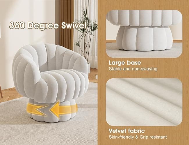 Mistpople Mid Century Modern 360 Degree Barrel Swivel Accent Sofa Chair,Fluffy Velvet Fabric Lounge Wide Upholstered Pumpkin Reading Chair, Round Cloud Armchair for Living Room,Bedroom,Vanity(Beige) thumbnail 6