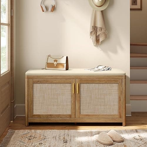 VASAGLE ELLAN Collection - Boho Shoe Bench with Cushion, Entryway Storage Bench with 2 Rattan-Look Cabinet Doors, Rounded Corners, Adjustable Shelf, for Bedroom Under Window, Natural Brown ULSB501KC01 - Image 1