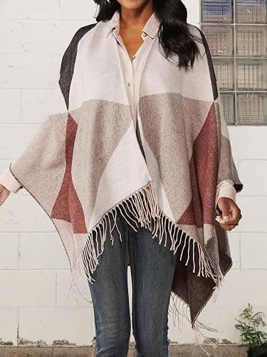 Moss Rose Women's Travel Plaid Shawl Wrap Open Front Poncho Cape for Fall Winter thumbnail 3