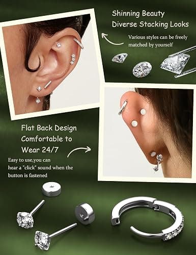 Hypoallergenic Stud Hoop Silver 14K Gold Plated Earrings Stacks - 9 Pairs Surgical Stainless Steel Earring Set for Sensitive Ears - Small Ear Piercing Flat Back Cartilage Earrings for Women Trendy Gifts thumbnail 5