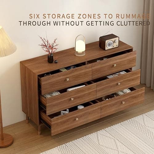 Messenya Dresser for Bedroom, 47 Inch 6 Drawer Wooden Chest of Drawers | FSC Certified Mid Century Modern Walnut Finish Wooden Dresser with Tapered Legs, Easy Assembly, Clearance for Robot Vacuum thumbnail 3