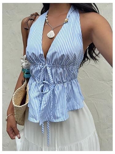 Milumia Women's Striped Tie Bow Front Halter Top Sleeveless Ruched Ruffle Hem Tank Tops thumbnail 5