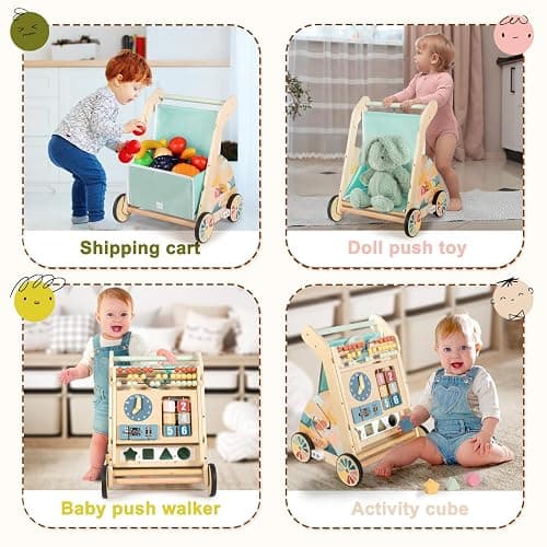 LOL-FUN Wooden Baby Walker with Double-Sided Busy Board, Push Walker for Baby with Adjustable Speed Wheels, Activity Learning Walker for Boys 12 Months thumbnail 4