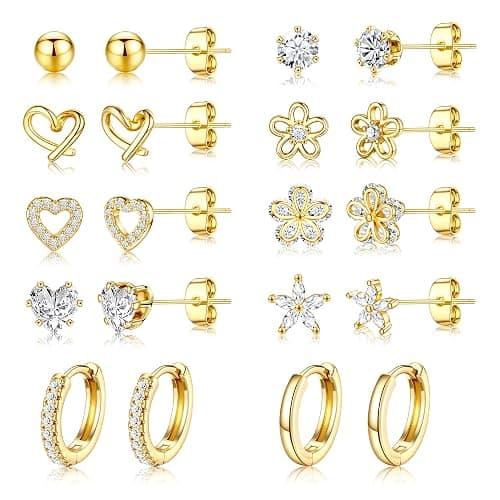 Small Gold Stud Earrings Set for Women - 14K Gold Plated CZ Huggie Hoops Hypoallergenic Earrings Dainty Flower Heart Stud Earrings for Jewelry Gift - Image 1