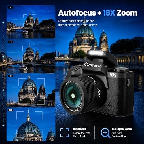 Cameras for Photography, 64MP Dual Lens Vlogging Camera & 32GB Card (Black) | 8K Digital Camera with 4" Touch Screen, LED Fill Light, 3000MAh Battery, Lens Hood, Hot Shoe & 32GB TF Card thumbnail 4