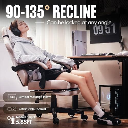 Dowinx Gaming Chair with Pocket Spring Cushion, High Back Ergonomic 360° Swivel Chair for Office Gaming, Massage Lumbar Support with Footrest for Adults, 300LBS Capacity, Beige for Office Gaming thumbnail 5