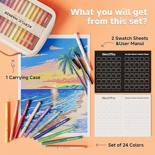 MemOffice Direct Liquid Acrylic Paint Markers, 24 Colors Brush Tip Pens with Carrying Case, No Bleed, Waterproof, for Rock, Wood, Canvas, Glass, Fabric, DIY Crafts for Adults thumbnail 9