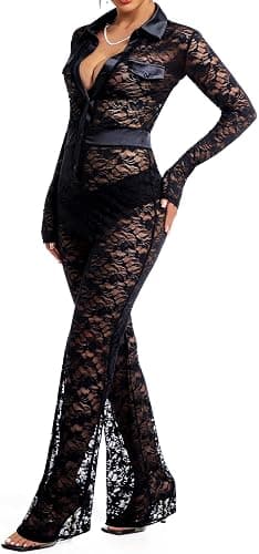 Clubwear Sexy Jumpsuit for Women Bodycon Long Sleeve See Through Long Skinny Pants for Evening Party thumbnail 4