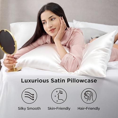 Bedsure King Size Satin Pillowcase Set of 2 - Ivory Silky Pillow Cases for Hair and Skin with Envelope Closure, Similar to Silk Pillow Cases, Gifts for Women Men, 20x36 Inches, 2pcs thumbnail 3