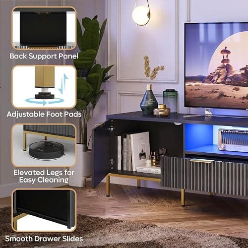 Bestier 70” Fluted TV Stand with LED Lights, Black TV Stand for TVs Up to 80", Modern Entertainment Center with Storage, TV Console, Media Console for Living Room Bedroom thumbnail 5