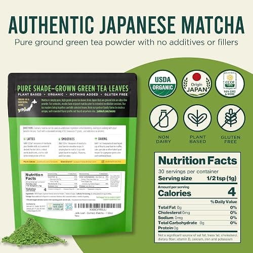 Jade Leaf Matcha Powder, Organic Culinary Grade, 30g / 1.06oz | Best for Matcha Lattes, Baking, and Smoothies! - Authentic Japanese Matcha Green Tea Powder - Resealable Pouch thumbnail 2