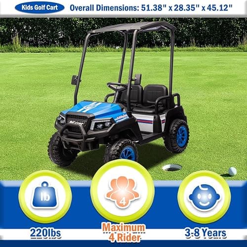 NEWQIDA 24V Golf Cart for Kids Battery Powered 4 Seater Ride on Toys Big Kids Electric Car with Parent Remote Control, Plastic Roof, EVA Tires Wheels, Music Play, 220 Lbs Max Load, Up to 5MPH, Blue thumbnail 4