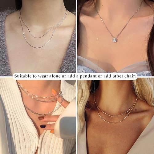FUNEIA 925 Sterling Silver Necklace for Women Trendy Dainty Real Silver Chain Necklace Simple Thin Box Chain Beaded Chain Snake Chain Herringbone Necklaces Jewelry 14/16/18 Inch thumbnail 6