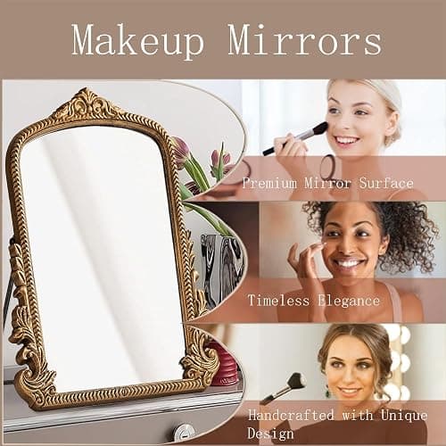 Small Vintage Vanity Makeup Desk Mirror, Antique Traditional Arch Table Mirror in Gold, Decorative Wood Carved Mirror for Living Room Bedroom Tabletop 11.8" x 9.6" thumbnail 7