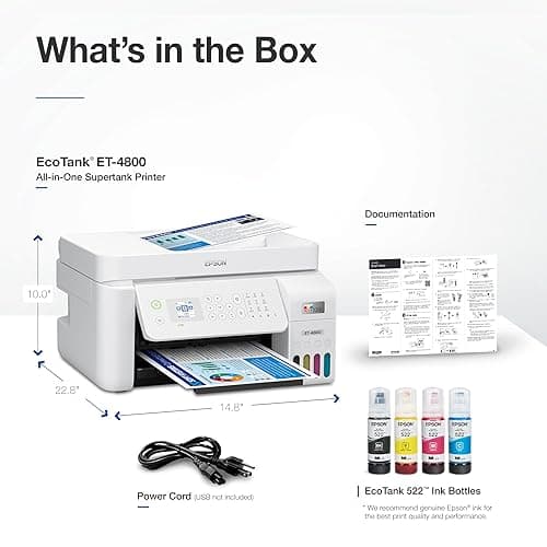 Epson EcoTank ET-4800 Wireless All-in-One Cartridge-Free Supertank Printer with Scanner, Copier, Fax, ADF and Ethernet – Ideal-for Your Home Office, White thumbnail 7