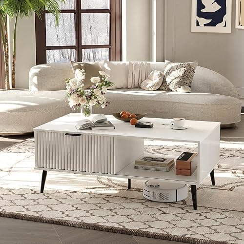 41.34''D Coffee Table, 2-Tiers Farmhouse Coffee Tables With Storage and Sliding Wave Pattern Door, Modren Tea Table, Wooden Dining Center Tables for Living Room, Office, Bedroom, Outdoors, White - White - Image 1