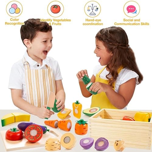 Wooden Play Food Set for Kids Kitchen | Cutting Veggies & Fruits Toy Food Set with Storage Case & Bag, Play Kitchen Accessories, Pretend Play Food for Toddlers 3+ thumbnail 7