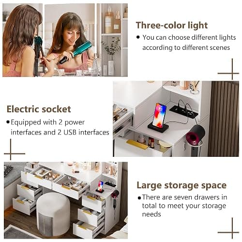 FURNJOYLIFE White Makeup Vanity Desk with Lighted Mirror & Power Outlet,3 Color Modes, Brightness Adjustable,Vanity Table with Drawer,Sliding 2 Storage Wall-Mounted Jewelry (Pure White) thumbnail 6