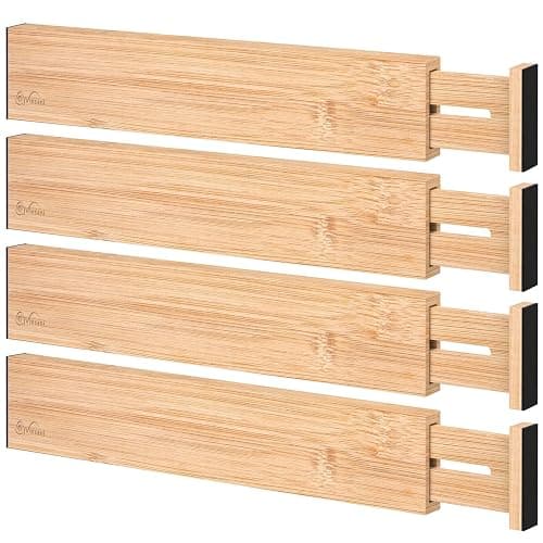 Vinsani Bamboo Drawer Dividers Set of 4 Expandable Drawer Organiser Expandable Adjustable 42-56 cm Spring-Loaded Drawer 2.4in High Separator Partitions for Kitchen Utensils Clothes Tools Home Office - Image 1