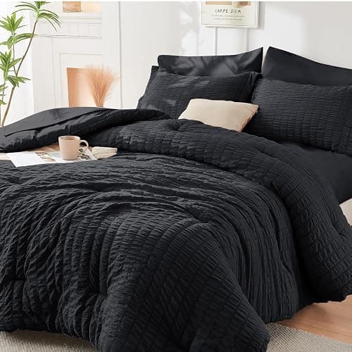 HYMOKEGE Black Full Size Comforter Sets Seersucker 7 Pieces, All Season Luxury Bed in a Bag for Bedroom, Bedding Set with Comforters, Sheets, Pillowcases & Shams - Image 1