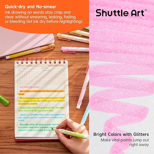 Glitter Highlighters, Shuttle Art 10 Sparkle Colors Chisel Tip Fluorescent Markers, Quick-Dry Non-Toxic Aesthetic Shimmer Highlighter Pens for Kids Teens Adults, Perfect for School Office Art Supplies thumbnail 4
