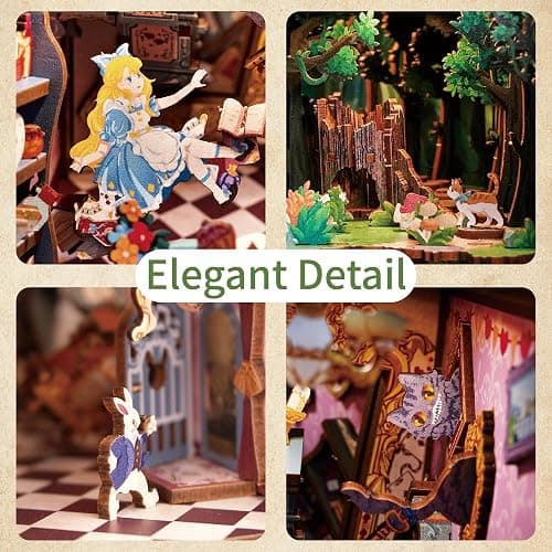 Tonecheer DIY Book Nook Kit for Adults,3D Wooden Puzzle Bookend Bookshelf Insert Library Decor, Booknook Miniature House Kit with Body Motion Sensor LED Light (Alice in Wonderland) thumbnail 5