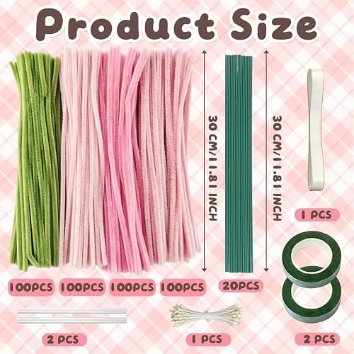houlishu 400 Pcs Pipe Cleaners Craft Kit - 300 Pink 100 Green Chenille Stems with Floral Wires Stamens Ribbon Adhesive Tapes for DIY Flower Making thumbnail 2