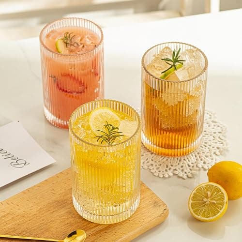 POLIDREAM Vintage Ribbed Glassware Set: 6pcs 16.9oz Drinking Glasses, Fluted Ripple Drinkware, Origami Style, Elegant Glassware for Whiskey, Cocktail, Iced Coffee, Juice, Beer, Soda thumbnail 2
