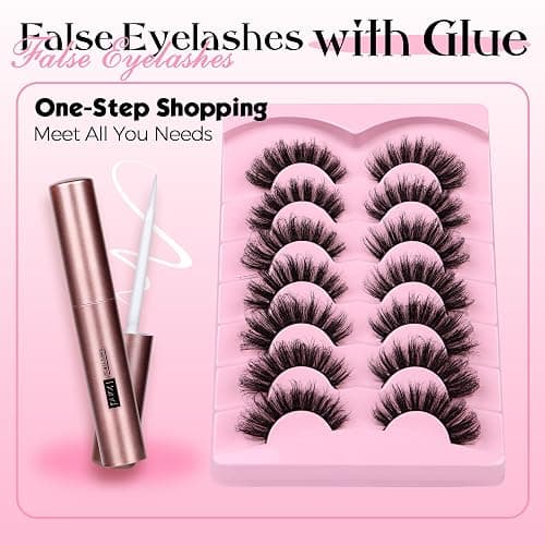 JIMIRE Faux Mink Lashes Volume False Eyelashes with Lash Glue Kit 18MM Dramatic Fluffy Cat Eye Lashes Russian Strip Lashes D Curl Mink Lashes Fluffy 7 Pairs Pack thumbnail 2