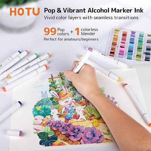 HOTU Alcohol Markers, [Beginner Preferred] 100 Vibrant Colors & Dual Tips Art Markers for Kids/Adult Coloring, with Pro Ink, Seamless Blend, Non-Bleeding Pad, & Color Card, for Amateurs/Artists thumbnail 2