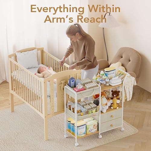 BBLIKE Diaper Caddy Organizer with Hanging Rack - 3 Tier Rolling Baby Storage Cart with Drawers and Side Pockets for Newborn Diaper Organization for Nursery, Crib, Bedroom, Changing Table, Beige thumbnail 4