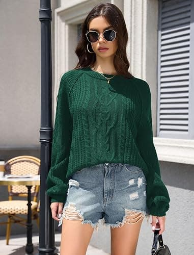 ZAFUL Women's Cable Knit Sweaters 2025 Crewneck Long Lantern Sleeve Pullover Ribbed Knitted Tops thumbnail 2