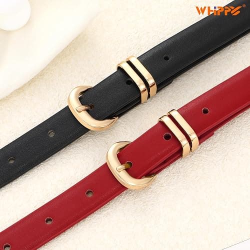 WHIPPY 2 Pack Skinny Leather Belts for Women Thin Ladies Fashion Belt C-Shaped Gold Buckle Black Belt for Jeans Pants Dresses thumbnail 5
