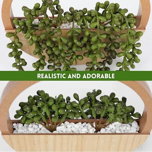 Floweroyal 2pcs Artificial Succulents Hanging Plants 12.2'' Fake String of Pearls in Pot with 8.3'' Lanyard for Indoor Outdoor Wall Decor（Wood Color）. thumbnail 4