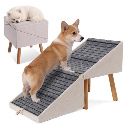 Dog Stairs for Small Dogs, 2-in-1 Foldable Pet Ramp and Ottoman, 17.13" H | Non-slip carpeted steps, solid wood support, gentle incline for couches, and a foldable ottoman design for compact storage. - Image 1