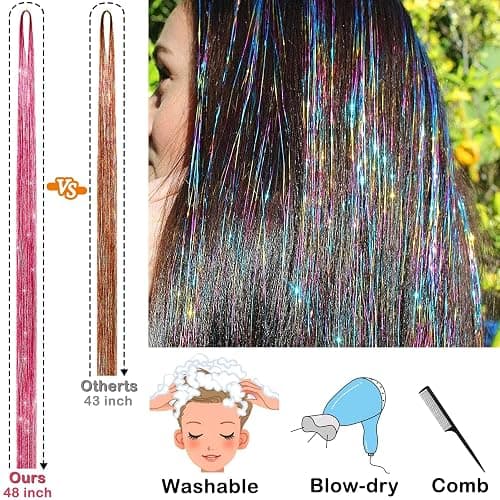 Hair Tinsel Kit (48 Inch, 24 Colors, 6000 strands), Tinsel Hair Extensions with Tools, Heat Resistant Glitter Hair Tinsel Kit for Women Hair Accessories thumbnail 4