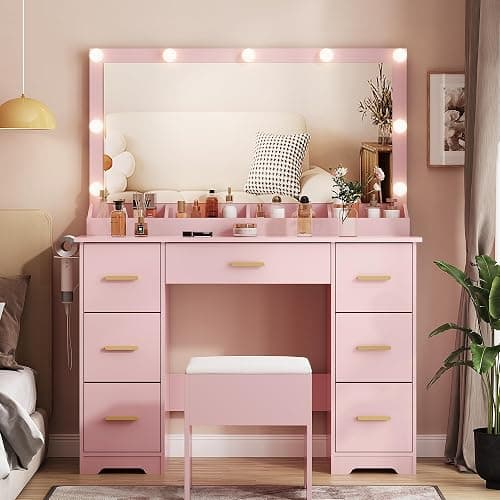 METOTI 44" Vanity Desk with 38" Large Mirror and 9 LED Lights & Glass Top and Power Outlet, Makeup Vanity Set with 7 Drawers & Chair and RGB Ambient Light, Dressing Table for Bedroom, Modern Pink thumbnail 7