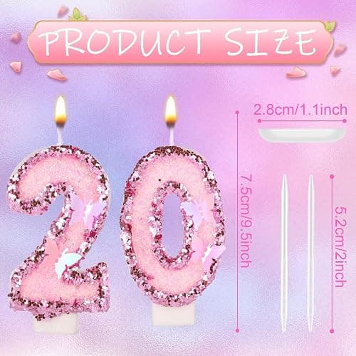 Girls Birthday Number 20 Candles, 2.95in Glitter Butterfly Happy Birthday Cake Toppers Pink Sequins Wedding Numeral Cupcake Decorations for Anniversary Celebration Party Supplies (20th) thumbnail 2
