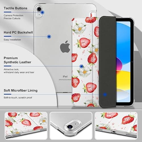 DONGKE for iPad 11th Generation Case 11 Inch 2025 (A16 Chip) & iPad 10th Generation 10.9 Inch 2022, Slim Foldable Stand Hard PC Translucent Back Shell Smart Cover - [Auto Wake/Sleep] - Strawberries thumbnail 3