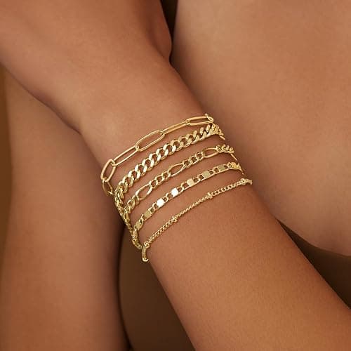 Gokeey Gold Bracelets for Women Trendy,14K Real Gold Plated Dainty Stackable Paperclip Cuban Link Chain Bracelets, Gold Cuff Bracelets Jewelry Gifts Adjustable 7"+2" - Style 01 thumbnail 2