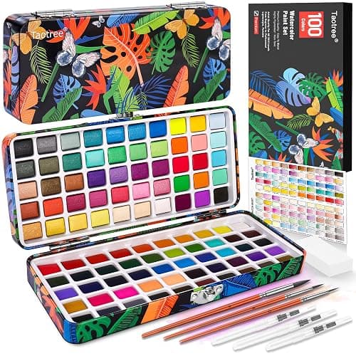 Taotree Watercolor Paint Set 100 Colors, Art Supplies Watercolors Kit Travel Water Colors with 3 Paints Brushes, Crafts Painting Supplies, Drawing for Adults Artist Drawing, Painting - Image 1