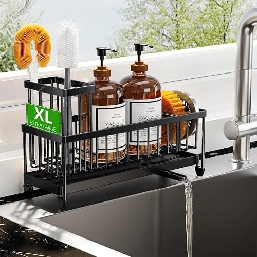 Cisily Sponge Holder for Kitchen Sink, Sink Caddy Organizer with High Brush Holder, Kitchen Countertop Organizers and Storage Essentials, Rustproof 304 Stainless Steel (Large Black, 10.62″) - Image 1