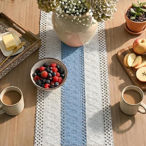 Artoid Mode Sky Blue Farmhouse Rustic Table Runner, Seasonal Holiday Hollow Kitchen Dining Table Decoration for Home Party Decor 12x72 Inch thumbnail 8