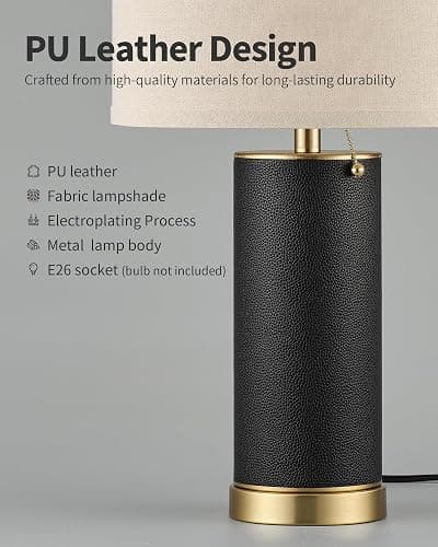 KDG 23.4" Black PU Leather Table Lamps for Living Room Set of 2, 3 Level Brightness LED Modern Home Decor Fabric Lampshade Desk Lamp Lighitng for Bedroom, Bedside, Farmhouse, Nightstand, Night Light thumbnail 3