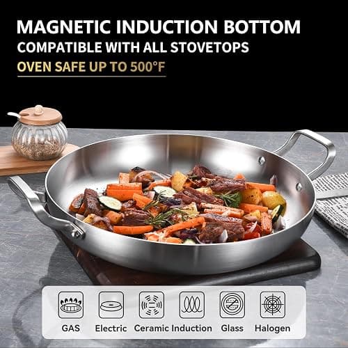 Inqibee 14 Inch Tri-Ply Stainless Steel Paella Pan with Lid,Large Skillet,Omelet,Griddle,Induction Cooking Pan,Dishwasher and Oven Safe. thumbnail 5