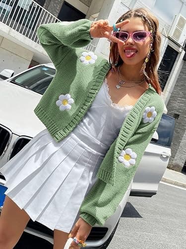 Womens Y2K Cardigan Sweaters Long Sleeve Open Front Cropped Flower Knit Cardigan Aesthetic 90s Shrug Back to College Outfits thumbnail 3