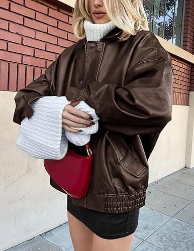 PRETTYGARDEN Women's Faux Leather Motorcycle Jacket Trendy Fall Spring Clothes Oversized Zip Up Winter Coat Outerwear - Medium - Dark Coffee thumbnail 5