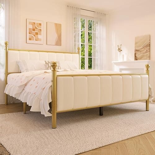 E-Motie Full Size Bed Frame with Headboard, Upholstered Platform Metal Beds Frame Full, Supported by Strong Metal Slats, No Box Spring Needed, Easy Assembly, Noise-Free, Gold thumbnail 3