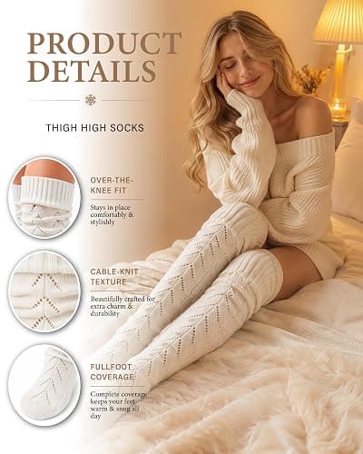 Pcavin Thigh High Socks for Women, Long Cable Knit Over Knee Boot Stockings | Extra Long Fit, Cable Knit Texture, Warm Thick Knit, Winter Boot Socks, Cozy Leg Warmers, Sweater Sock Style thumbnail 3