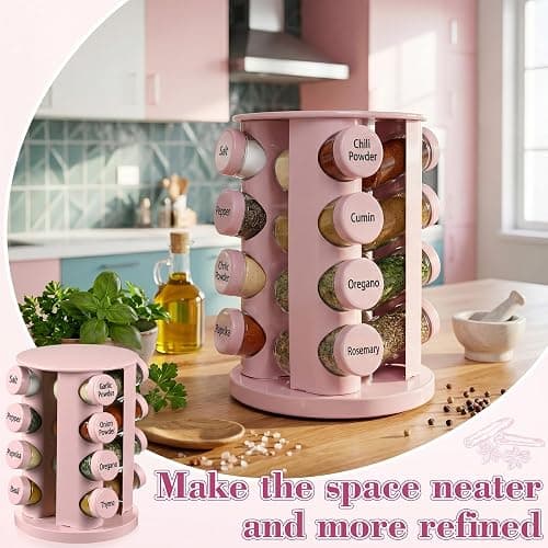 Yungyan Pink Rotating Spice Rack Seasoning Organizer with 16 Empty Jars, Spice Containers Set with Labels and Funnel, Revolving Seasoning Rack for Kitchen Accessories (Stainless Steel,Glass) thumbnail 6